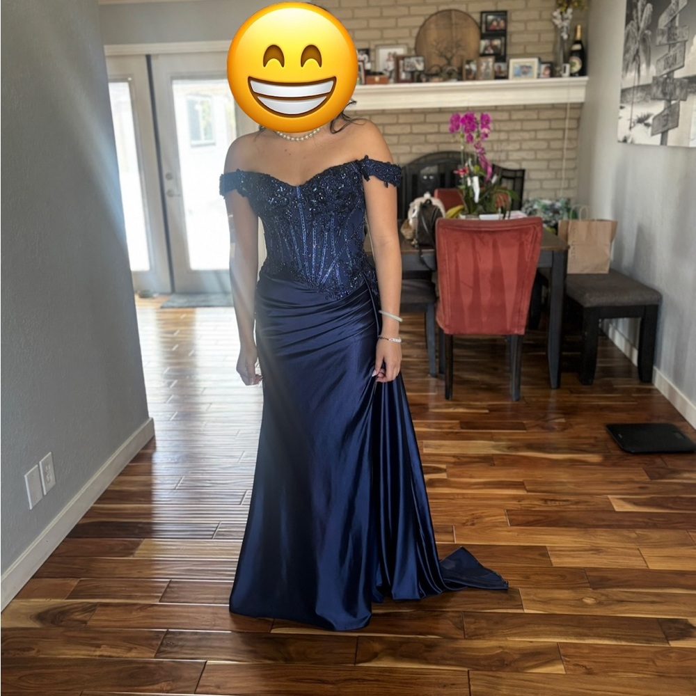 Elegant Navy Blue Off-Shoulder Gown